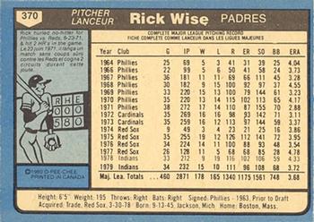1980 O-Pee-Chee #370 Rick Wise Back