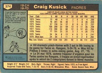 1980 O-Pee-Chee #374 Craig Kusick Back