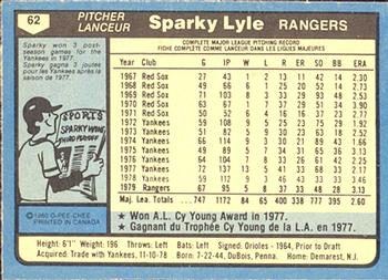 1980 O-Pee-Chee #62 Sparky Lyle Back