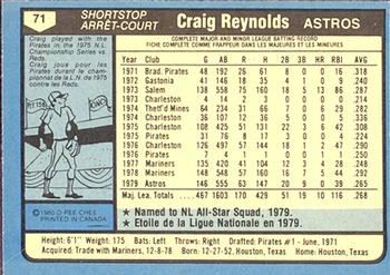 1980 O-Pee-Chee #71 Craig Reynolds Back