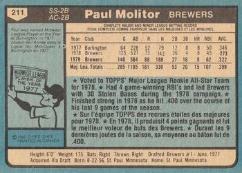 1980 O-Pee-Chee #211 Paul Molitor Back