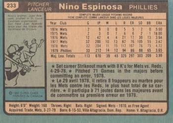 1980 O-Pee-Chee #233 Nino Espinosa Back