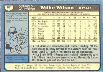 1980 O-Pee-Chee #87 Willie Wilson Back