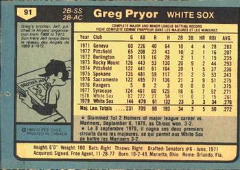 1980 O-Pee-Chee #91 Greg Pryor Back