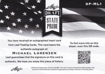 2013 Leaf Metal Draft - State Pride Autographs #SP-ML1 Michael Lorenzen Back