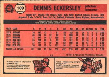 1981 O-Pee-Chee #109 Dennis Eckersley Back