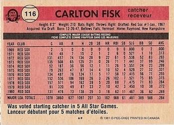 1981 O-Pee-Chee #116 Carlton Fisk Back