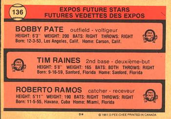 1981 O-Pee-Chee #136 Expos Future Stars (Tim Raines / Roberto Ramos / Bobby Pate) Back