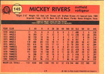 1981 O-Pee-Chee #145 Mickey Rivers Back