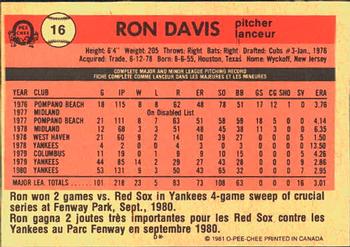1981 O-Pee-Chee #16 Ron Davis Back