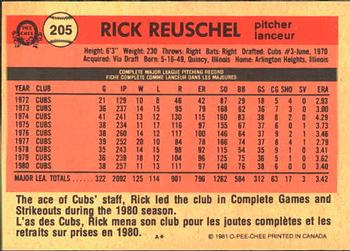 1981 O-Pee-Chee #205 Rick Reuschel Back