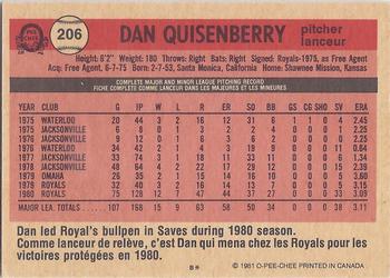 1981 O-Pee-Chee #206 Dan Quisenberry Back