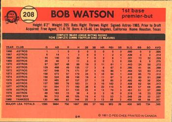 1981 O-Pee-Chee #208 Bob Watson Back