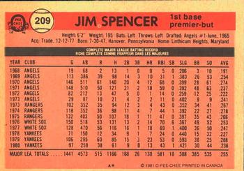 1981 O-Pee-Chee #209 Jim Spencer Back