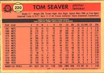 1981 O-Pee-Chee #220 Tom Seaver Back