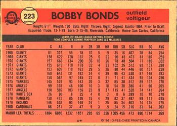 1981 O-Pee-Chee #223 Bobby Bonds Back