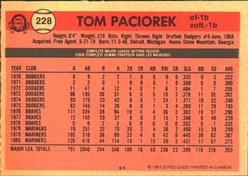 1981 O-Pee-Chee #228 Tom Paciorek Back
