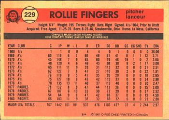 1981 O-Pee-Chee #229 Rollie Fingers Back