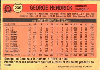 1981 O-Pee-Chee #230 George Hendrick Back