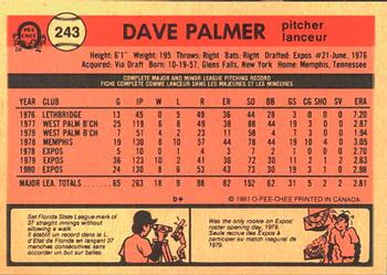 1981 O-Pee-Chee #243 David Palmer Back