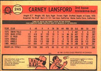 1981 O-Pee-Chee #245 Carney Lansford Back