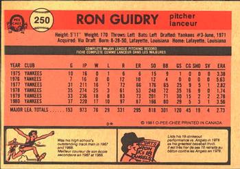 1981 O-Pee-Chee #250 Ron Guidry Back