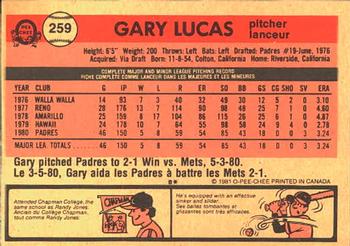 1981 O-Pee-Chee #259 Gary Lucas Back
