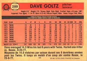1981 O-Pee-Chee #289 Dave Goltz Back