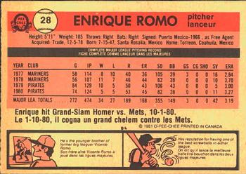 1981 O-Pee-Chee #28 Enrique Romo Back