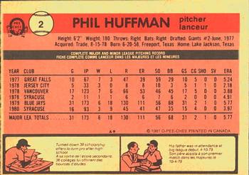 1981 O-Pee-Chee #2 Phil Huffman Back
