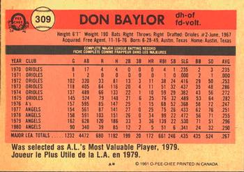 1981 O-Pee-Chee #309 Don Baylor Back