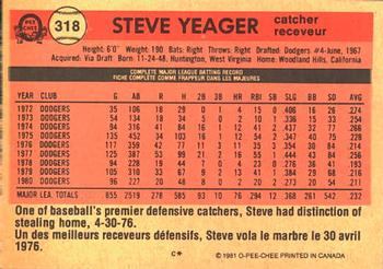 1981 O-Pee-Chee #318 Steve Yeager Back