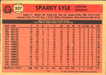 1981 O-Pee-Chee #337 Sparky Lyle Back