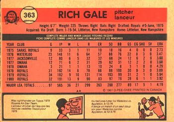 1981 O-Pee-Chee #363 Rich Gale Back