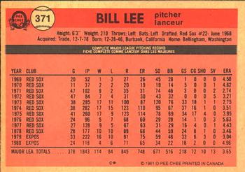 1981 O-Pee-Chee #371 Bill Lee Back