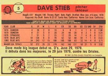 1981 O-Pee-Chee #5 Dave Stieb Back