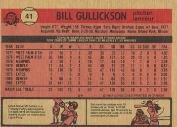 1981 O-Pee-Chee #41 Bill Gullickson Back