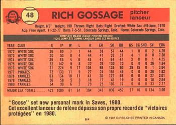 1981 O-Pee-Chee #48 Rich Gossage Back
