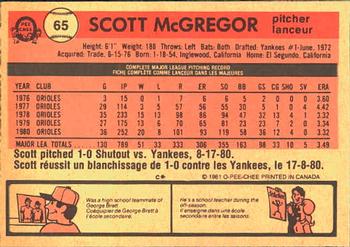 1981 O-Pee-Chee #65 Scott McGregor Back