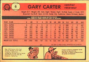 1981 O-Pee-Chee #6 Gary Carter Back