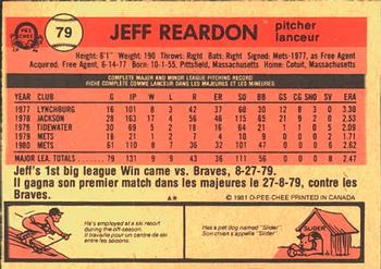 1981 O-Pee-Chee #79 Jeff Reardon Back