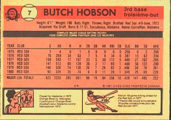 1981 O-Pee-Chee #7 Butch Hobson Back