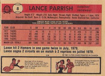 1981 O-Pee-Chee #8 Lance Parrish Back