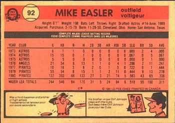 1981 O-Pee-Chee #92 Mike Easler Back