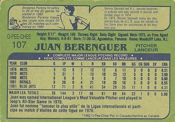 1982 O-Pee-Chee #107 Juan Berenguer Back
