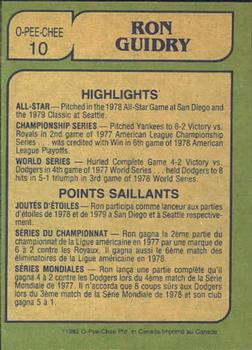 1982 O-Pee-Chee #10 Ron Guidry Back