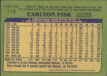 1982 O-Pee-Chee #110 Carlton Fisk Back