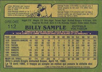 1982 O-Pee-Chee #112 Billy Sample Back