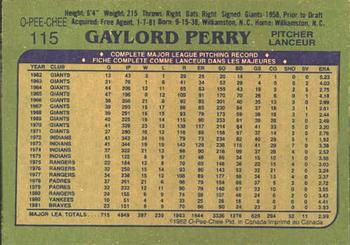 1982 O-Pee-Chee #115 Gaylord Perry Back
