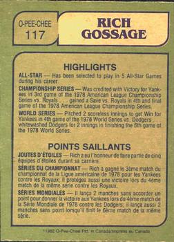 1982 O-Pee-Chee #117 Rich Gossage Back